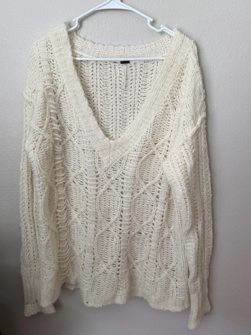 Free People Wool Blend Cream Cable Knit V-Neck Sweater - Women S Cottagecore